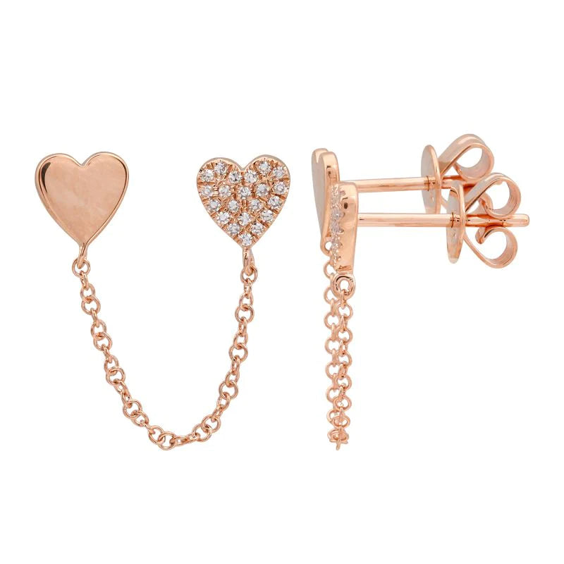 Double Heart Solid and Diamond Chain Earring (Single)