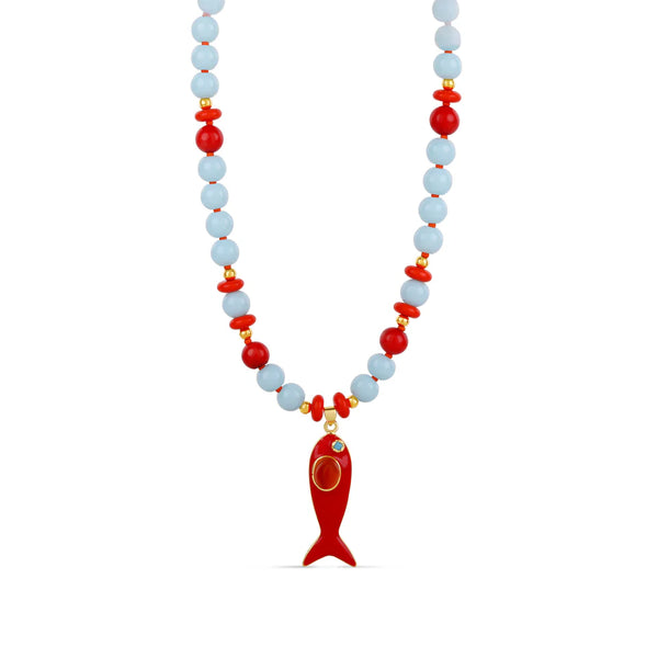 Coral Reef Fish Charm Necklace - Ocean Blue & Coral Beaded