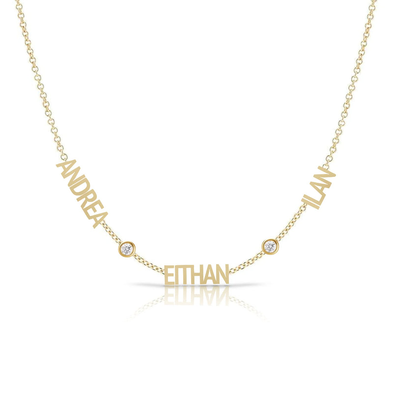 Custom Multiple Names Necklace with Diamond Bezel in Between